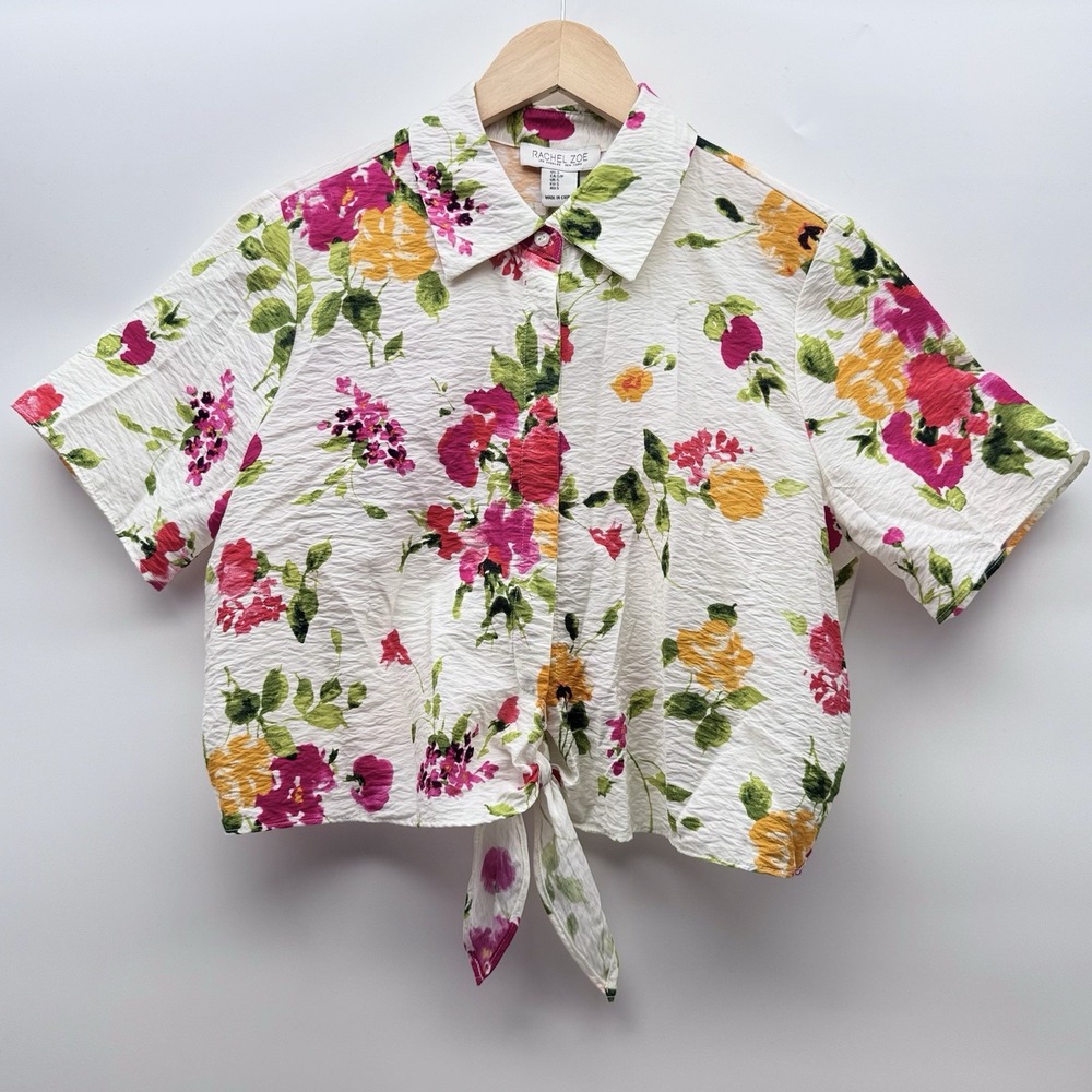 Rachel Zoe Womens Small Short Sleeve Collared Button Down Botanical Floral Print